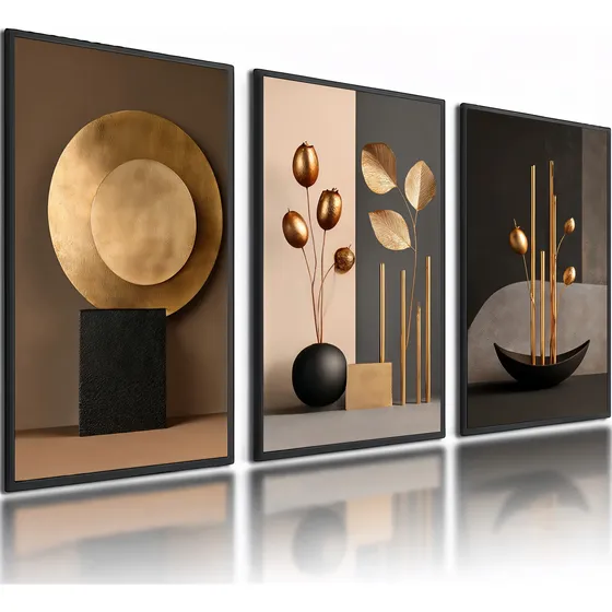 Kit 3 Quadros Decorativos Abstratos Dourado Moderno Preto