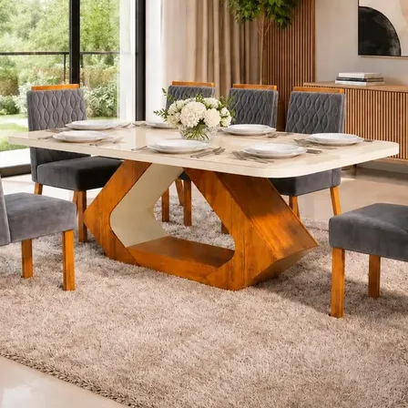 Sala De Jantar 160x80 Lottus Mdf/vidro 6 Cadeiras Bom Pastor Off-white Natural E Cinza Cotton