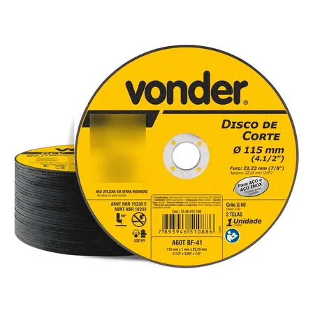 Kit 50 Disco De Corte 115mm X 1,0mm X 22,23mm Grão 60 Vonder Amarelo