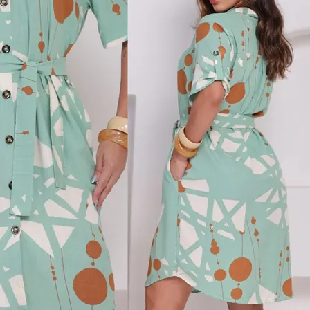 Vestido Chemise Feminino Curto Manga Curta Botões Fren Cinto Verde-claro Geométrico Gg/44