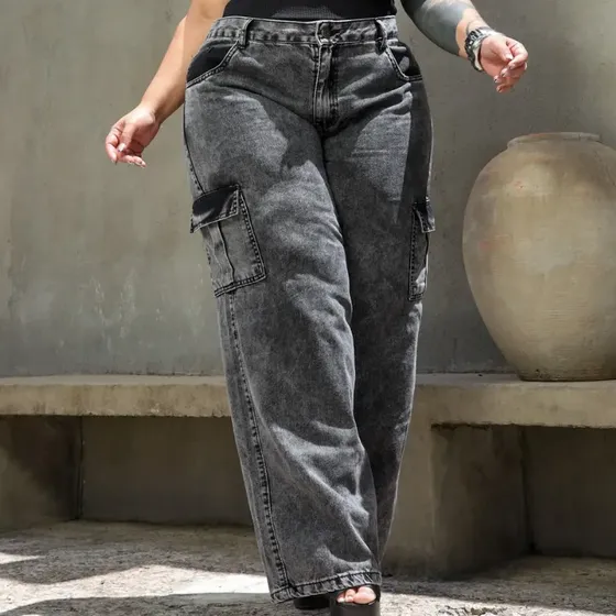 Calça Jeans Plus Size Feminina Wide Leg Cargo Premium