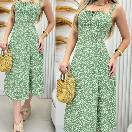 Vestido Midi Com Fenda Lateral Moda Verão