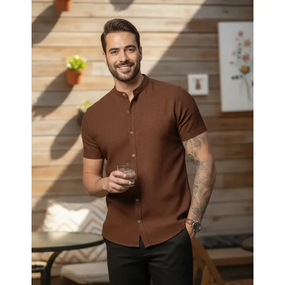 Camisa Masculina Gola Padre Manga Curta Trabalho/escritório