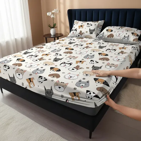 Jogo De Lençol Casal Elástico Padrão 3 Peças 400 Fios Macio Cachorrinhos