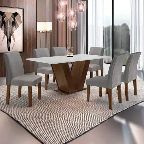 Conjunto Sala De Jantar Mesa Tampo Mdf 6 Cadeiras Espanha Chocolate/off White/veludo Cinza