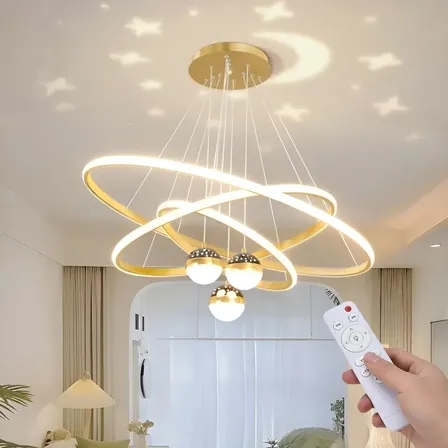 Lustre Quarto Led Moderno Pendente Com Projeção De Galáxia 110v-220v Dourado (com Controle Remoto)