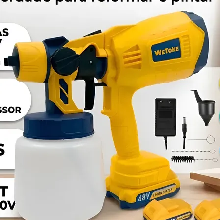 Pistola Pintura Pulverizadora Bateria 48v 2 Baterias 1000ml Amarelo 127/220v