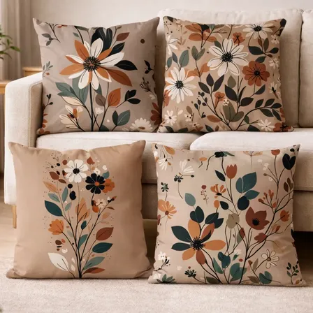 Kit 4 Capas De Almofadas Moderna 45x45 - Floral Verde E Bege Bege2 Florido