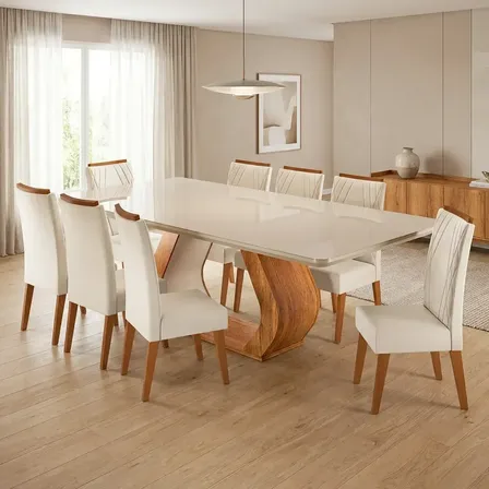 Conjunto Sala De Jantar 8 Lugares Retangular Tampo Em Vidroe