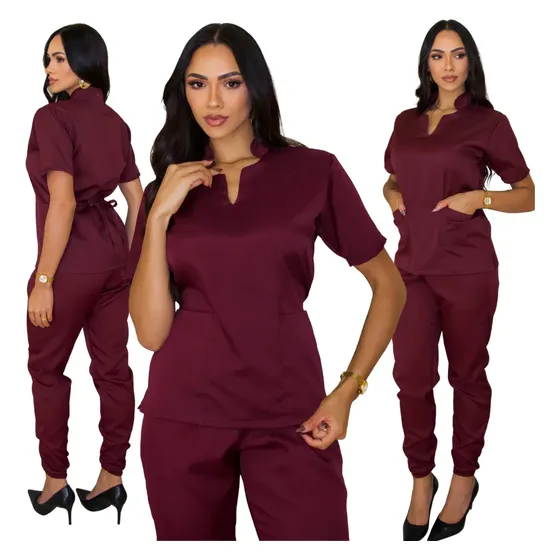 Pijama Cirúrgico Hospitalar Feminino Jogger Scrubs Gabardine Vinho Liso M- 38/40