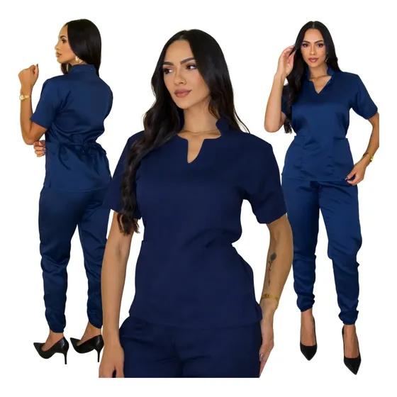 Pijama Cirúrgico Hospitalar Feminino Jogger Scrubs Gabardine Azul-marinho Liso P- 36/38