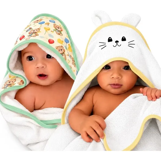 Kit 2 Toalhas De Banho Bebê Com Capuz E Orelhinha Infantil