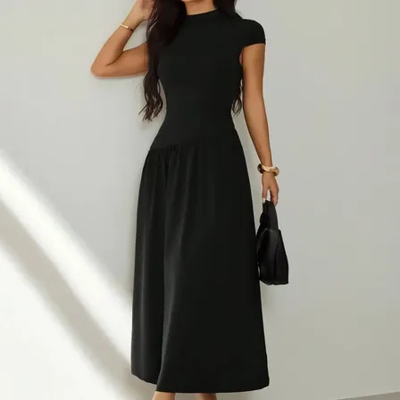 Vestido Midi Feminino Manga Curta Gola Alta Elegante Casual Preto Gg