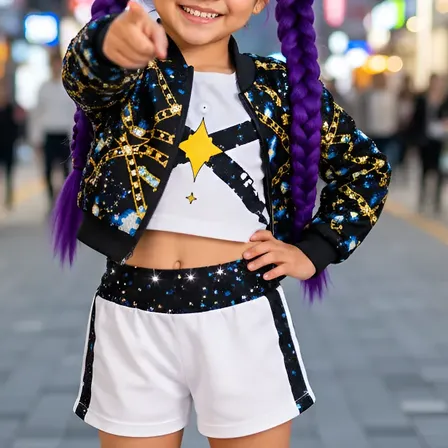 Fantasia Guerreira Kpop Palco Infantil Luxo + Trança Roxa Rumi Palco Cabelo Roxo 4