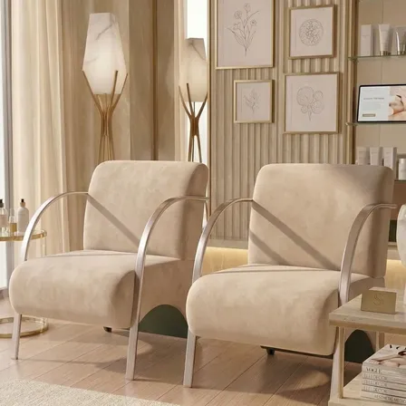 Kit 2 Poltronas Decorativas Suede Braços Alumínio Bege Liso
