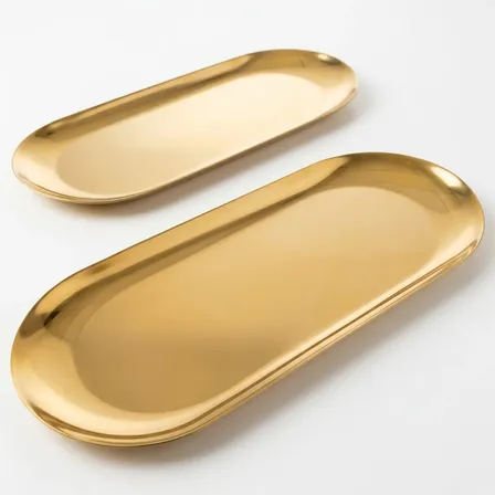 Kit Bandeja Metálica Dourada Decoração Oval Inoxidável Kit 2 Bandejas