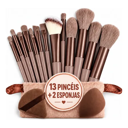 Kit Pincéis Maquiagem 13 Peças + 2 Esponjas Com Estojo Marrom