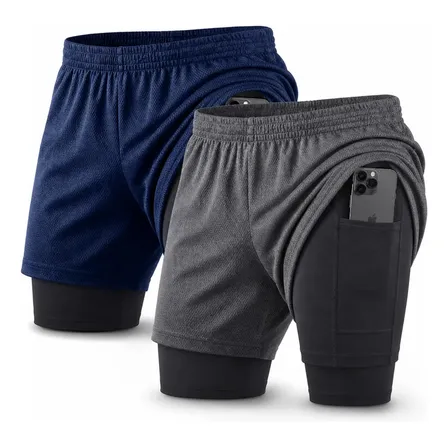 Kit 2 Bermuda 2 Em 1 Masculina Treino Academia Sem Marcar Cinza- Azul Liso Gg