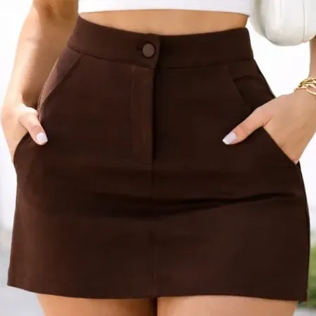 Short Saia Feminino Modelo 360° Elegante Cintura Alta Casual Marrom Liso P36/38