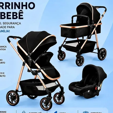 Carrinho De Bebê 3 Em 1 Berço Moisés + Bebê Conforto Apoapp Preto Preto/dourado