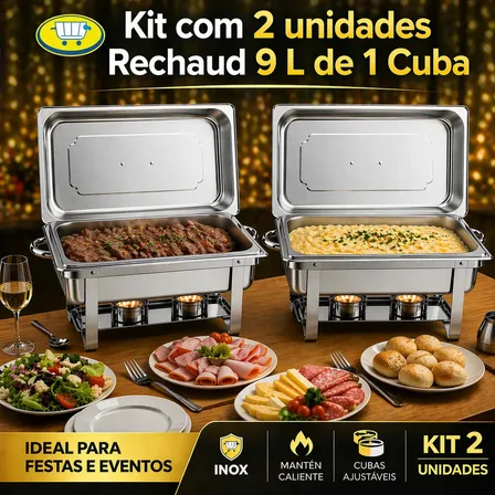 Kit 2pç Rechaud Retangular Inox 1 Cuba 9l Buffet Banho Maria 127/220v