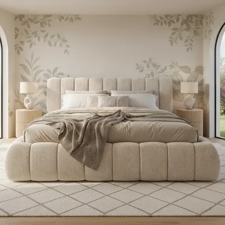 Cama Queen 160cm Estofada Linho Luxo Cabeceira Alta Dubai Bege Linho Bege