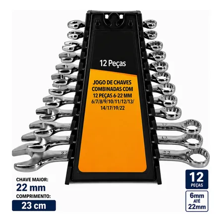 Kit Jogo Chave Combinada 12 Pçs 6-22mm Completo Boca Estrela Cinza
