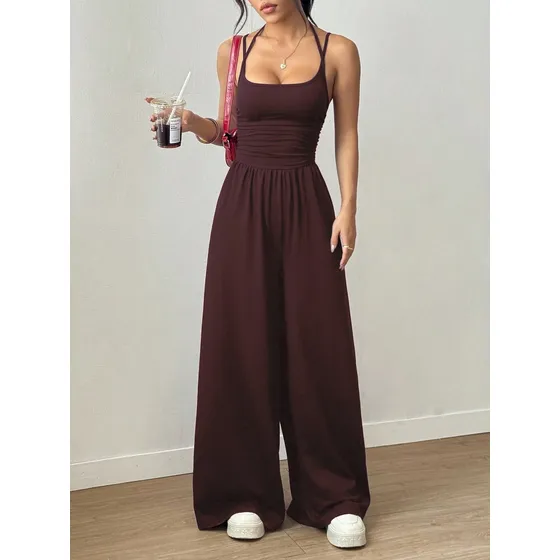 Macacão Longo Feminino Casual Pantalona Com Alça Fina Dupla