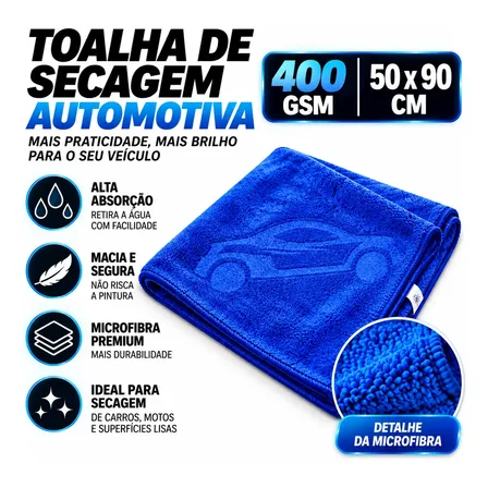 Toalha Para Secagem De Carro Automotiva 400gsm 50x90 Azul