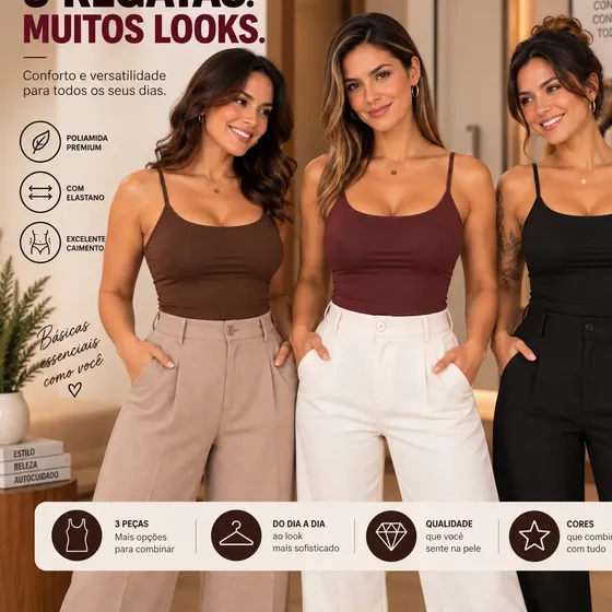 Kit 3 Blusas Regatas Femininas Poliamida Premium Alça Fina