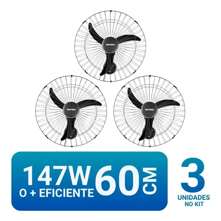 Kit 3 Ventilador Ventisol Industrial Osc Parede 147w 60cm 60 Cm 60 Hz Preto 127v Plástico 3