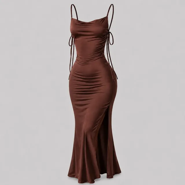 Vestido Justo Longo Costas Nuas Fenda Lateral Colado Preto Marrom Único 36-42