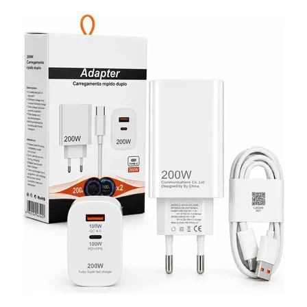 Carregador Turbo 200w Inteligente Usb-c Usb-a Bivolt Branco