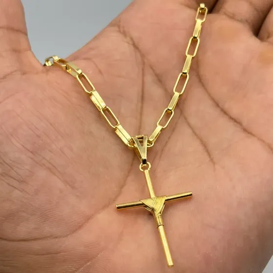 Colar Masculino Tijolinho 4mm + Cruz Banhado A Ouro 18k