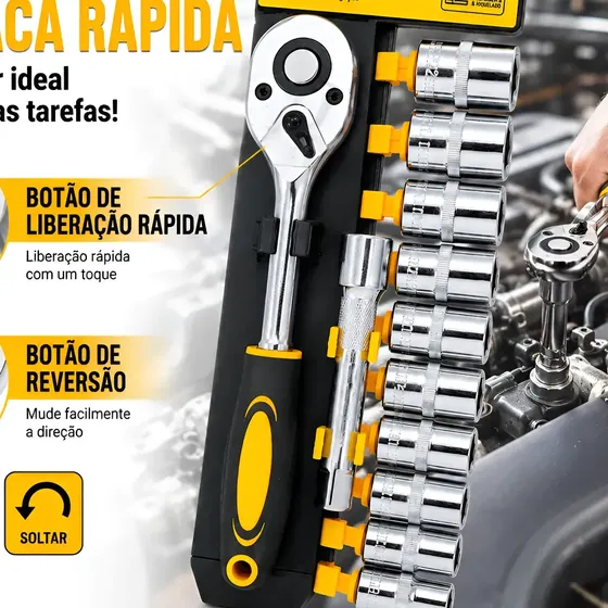 Kit Chave Catraca Soquetes Reversível 1/2 12 Peças Aço Cr-v