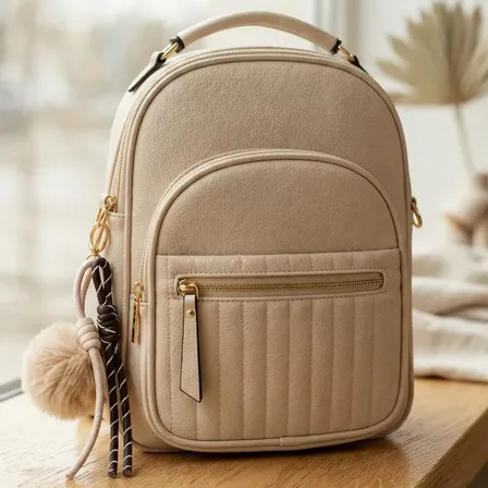 Mochila Feminina Compacta Couro Pu Leve Resistente Premium Bege Claro Vanilla Couro Sintético Premium