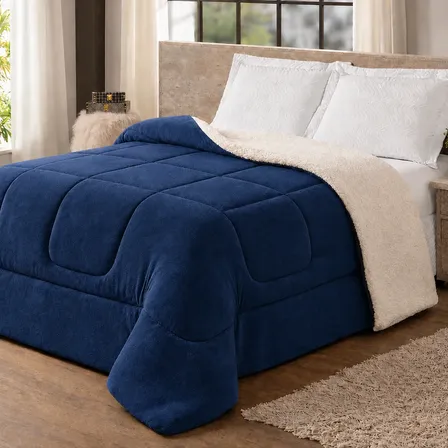Coberdrom Queen Sherpa Dupla Face Quente Macio Luxo Premium Azul-marinho Lisa