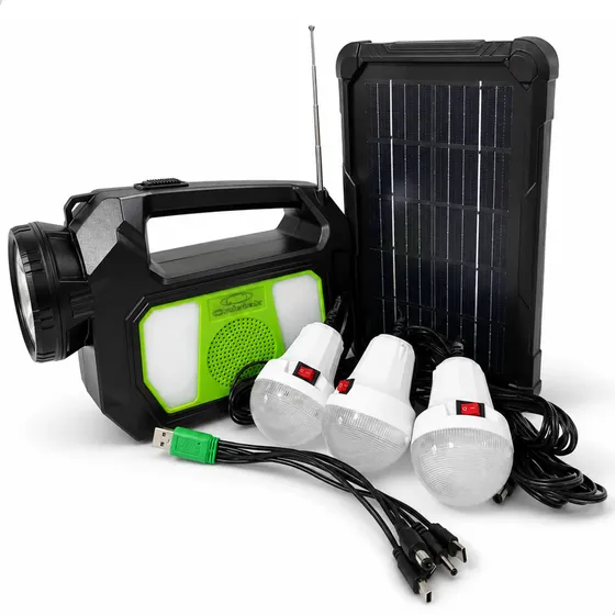 Kit Sistema Solar Portatil Lampada Led Recarregavel Radio Fm Preto 220v