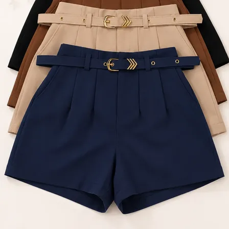 Kit 4 Short Feminino Social Cintura Alta P M G Gg Preto-marrom-bege-azulmarinho Liso G