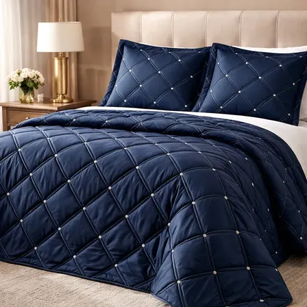 Cobre Leito Queen 3 Peças Dupla Face Bordado Macio Luxo Azul-escuro Bordado Desenho