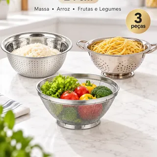 Kit 3 Escorredores De Massa + Arroz + Legumes Em Inox Grande Inox