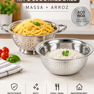 Kit 2 Escorredores De Massa 24 + Arroz Inox 24 Cm Qualidade
