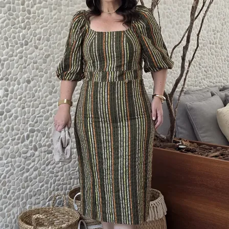 Elegante Vestido Mid Plus Moda Evangelica Modesta Verde Listras Gg