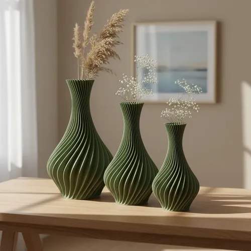 Kit 3 Vasos Modelo Espiral Decoração Moderna Sala Cozinha Verde-escuro Espiral
