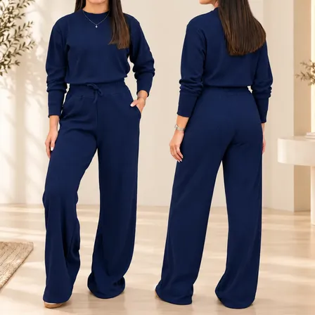 Conjunto Feminino Comfy Blusa Manga Longa E Calça Pantalona Azul 40/42/44-g