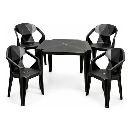 Jogo 1 Mesa Quadrada E 4 Cadeiras Poltronas Diamond Preto Preto