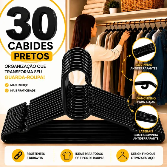 Cabides Adulto Preto Reforçado 30 Atacado Organizador Roupas