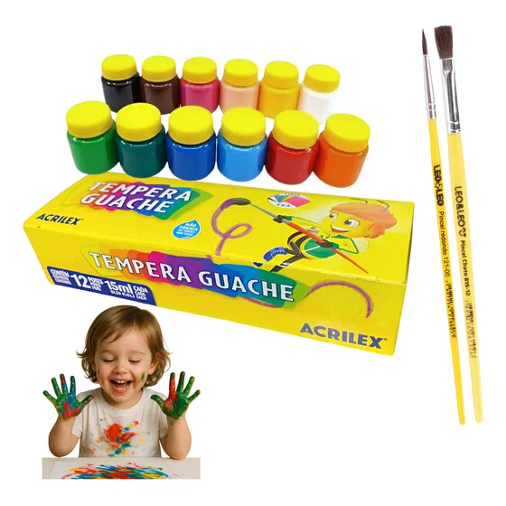 Tinta Guache 12 Cores 15 Ml Não Tóxica Acrilex + 2 Pincéis