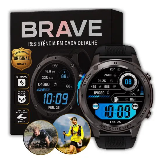 Smartwatch Brave Prova D'água Gps Duplo Strava 10 Dias Bater Preto Esportivo