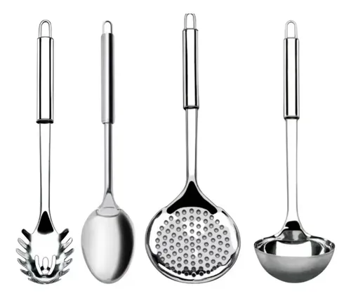 Kit 4 Utensílios Inox Cozinha Colher Concha Escumadeira Prateado